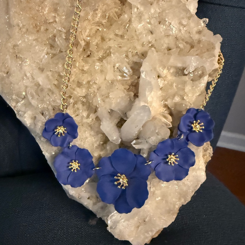 Gold and Blue Floral Necklace with Glass Flowers